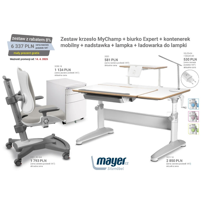 Mayer Zestaw krzesło MyChamp szare + biurko Expert + szafka i lampka