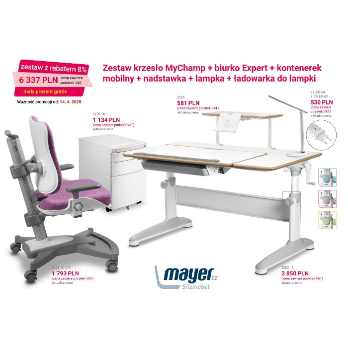 Mayer Zestaw krzesło MyChamp różowe + biurko Expert + szafka i lampka