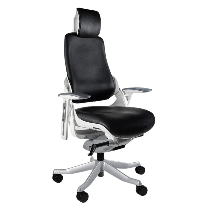 UNIQUE Ergonomiczny fotel biurowy WAU biały stelaż skóra naturalna czarna