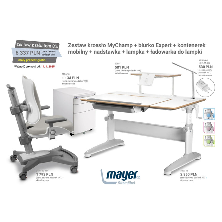 Mayer Zestaw krzesło MyChamp szare + biurko Expert + szafka i lampka