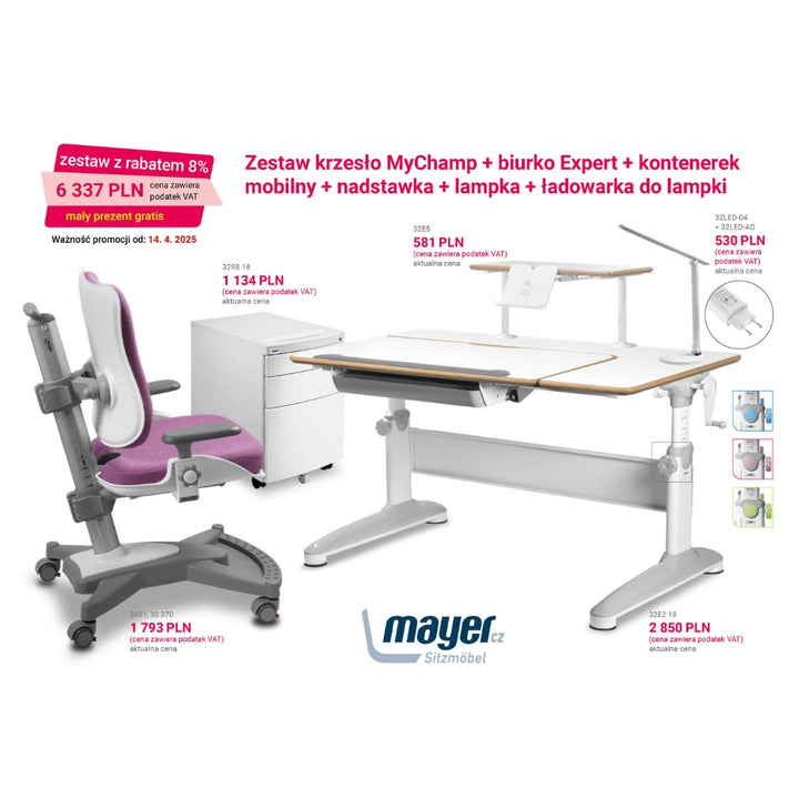 Mayer Zestaw krzesło MyChamp różowe + biurko Expert + szafka i lampka