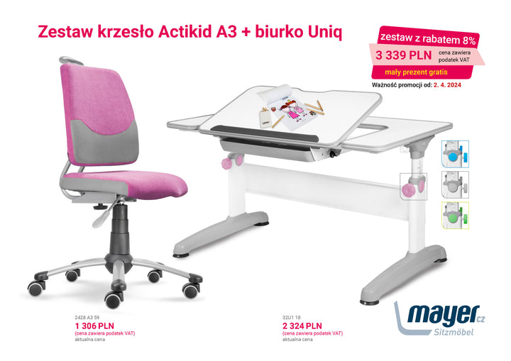 Mayer Zestaw krzesło Actikid A3 różowe + biurko Uniq